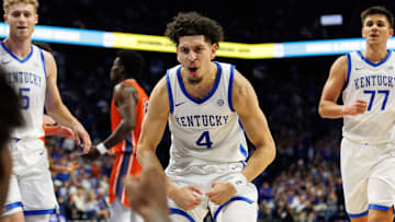 Kentucky Wildcats guard Koby Brea (4) celebrates. Mandatory Credit: Jordan Prather-Imagn Images