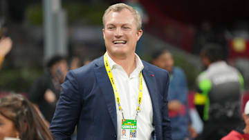 Nov 21, 2022; Mexico City, MEX; San Francisco 49ers General Manager John Lynch looks on prior to the NFL International Series Monday Night Football game against the Arizona Cardinals at Estadio Azteca. Mandatory Credit: Kirby Lee-Imagn Images