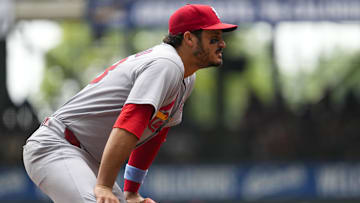 Jun 15, 2025; Milwaukee, Wisconsin, USA;  St. Louis Cardinals third baseman Nolan Arenado (28) during the game against the Milwaukee Brewers at American Family Field. Mandatory Credit: Jeff Hanisch-Imagn Images