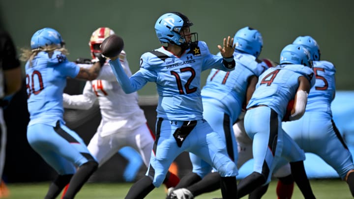 Mar 30, 2024; Arlington, TX, USA; Arlington Renegades quarterback Luis Perez (12) passes against the Birmingham Stallions during the second half at Choctaw Stadium. Mandatory Credit: Jerome Miron-USA TODAY Sports