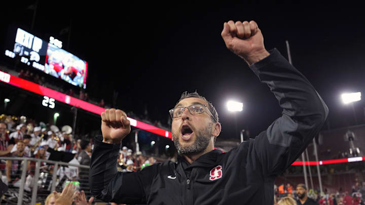 Sep 13, 2025; Stanford, California, USA; Stanford Cardinal general manager Andrew Luck celebrates after defeating the Boston College Eagles at Stanford Stadium. Mandatory Credit: Darren Yamashita-Imagn Images