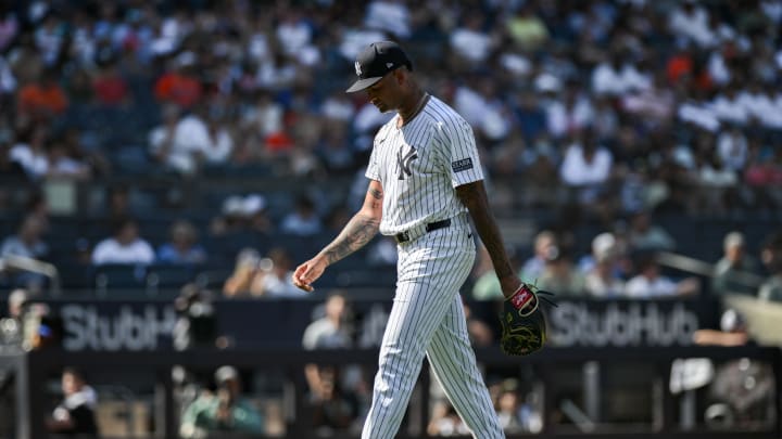 New York Yankees pitcher Luis Gil (81) leaves the mound during the second inning against the Baltimore Orioles at Yankee Stadium on June 20.