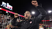 Sep 13, 2025; Stanford, California, USA; Stanford Cardinal general manager Andrew Luck celebrates after defeating the Boston College Eagles at Stanford Stadium. Mandatory Credit: Darren Yamashita-Imagn Images