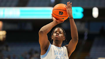 Oct 4, 2025; Charlotte, NC, USA; North Carolina Tar Heels forward Caleb Wilson (8) warms up before the game at Dean E. Smith Center. Mandatory Credit: Bob Donnan-Imagn Images