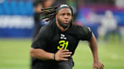Feb 27, 2025; Indianapolis, IN, USA; South Carolina defensive lineman TJ Sanders (DL31) participates in drills during the 2025 NFL Combine at Lucas Oil Stadium. Mandatory Credit: Kirby Lee-Imagn Images