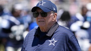 Jul 27, 2025; Oxnard, CA, USA; Dallas Cowboys owner Jerry Jones at training camp at the River Ridge Fields. Mandatory Credit: Kirby Lee-Imagn Images