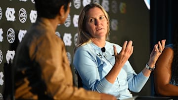Oct 6, 2025; Charlotte, NC, USA; North Carolina head coach Courtney Banghart answers questions from the media at The Hilton Charlotte Uptown. 