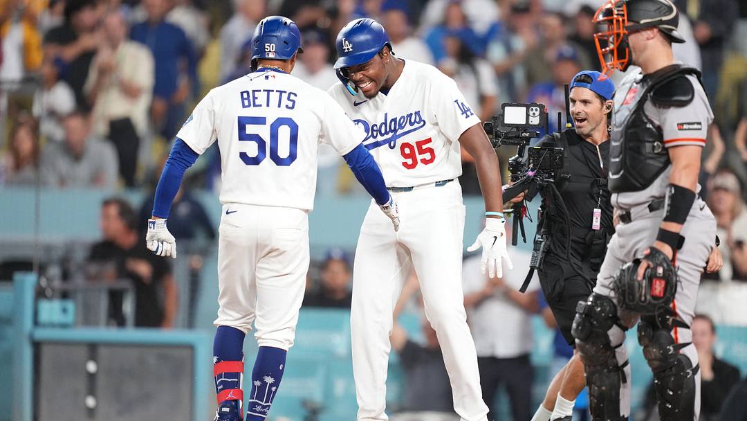 Sep 18, 2026; Los Angeles, California, USA; Los Angeles Dodgers shortstop Mookie Betts (50) celebrates with Los Angeles Dodgers designated hitter Josue de Paula (95) after hitting a two run home run during the eighth inning against the San Francisco Giants at Dodger Stadium. Mandatory Credit: Kirby Lee-Imagn Images Sep 18, 2026; Los Angeles, California, USA; Los Angeles Dodgers shortstop Mookie Betts (50) celebrates with Los Angeles Dodgers designated hitter Josue de Paula (95) after hitting a two run home run during the eighth inning against the San Francisco Giants at Dodger Stadium. Mandatory Credit: Kirby Lee-Imagn Images