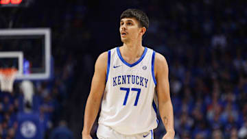 Nov 26, 2024; Lexington, Kentucky, USA; Kentucky Wildcats guard Kerr Kriisa (77) looks on during the first half against the Western Kentucky Hilltoppers at Rupp Arena at Central Bank Center. Mandatory Credit: Jordan Prather-Imagn Images