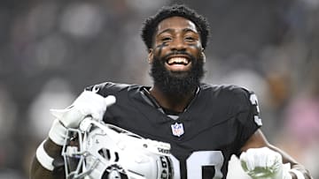 Aug 17, 2024; Paradise, Nevada, USA;  Las Vegas Raiders cornerback Nate Hobbs (39) dances during warmup against the Dallas Cowboys at Allegiant Stadium. Mandatory Credit: Candice Ward-Imagn Images