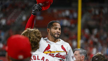 Jul 30, 2024; St. Louis, Missouri, USA;  St. Louis Cardinals pinch hitter Tommy Pham (29) salutes the fans as he receives a curtain call after hitting a grand slam home run against the Texas Rangers during the fifth inning at Busch Stadium. Mandatory Credit: Jeff Curry-USA TODAY Sports