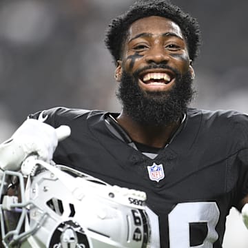 Aug 17, 2024; Paradise, Nevada, USA;  Las Vegas Raiders cornerback Nate Hobbs (39) dances during warmup against the Dallas Cowboys at Allegiant Stadium. Mandatory Credit: Candice Ward-Imagn Images