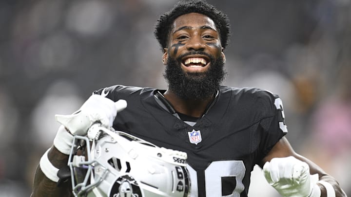 Aug 17, 2024; Paradise, Nevada, USA;  Las Vegas Raiders cornerback Nate Hobbs (39) dances during warmup against the Dallas Cowboys at Allegiant Stadium. Mandatory Credit: Candice Ward-Imagn Images