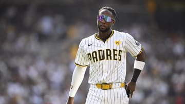 Jul 10, 2024; San Diego, California, USA; San Diego Padres left fielder Jurickson Profar (10) looks on during the sixth inning against the Seattle Mariners at Petco Park. Mandatory Credit: Orlando Ramirez-USA TODAY Sports