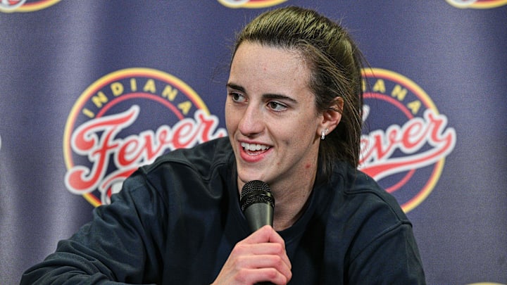 May 4, 2025; Iowa City, IA, USA; Indiana Fever guard Caitlin Clark (22) answers questions before the preseason game against the Brazil National Team at Carver-Haweye Arena. Mandatory Credit: Jeffrey Becker-Imagn Images May 4, 2025; Iowa City, IA, USA; Indiana Fever guard Caitlin Clark (22) answers questions before the preseason game against the Brazil National Team at Carver-Haweye Arena. Mandatory Credit: Jeffrey Becker-Imagn Images