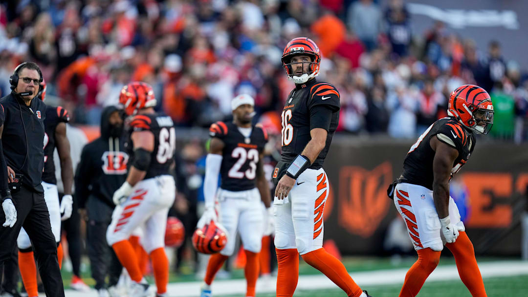 Cincinnati Bengals quarterback Joe Flacco (16) walks off the field as the Bengals turn the ball over on down in the final drive of the fourth quarter of the NFL Week 12 game between the Cincinnati Bengals and the New England Patriots at Paycor Stadium in downtown Cincinnati on Sunday, Nov. 23, 2025. The Bengals fall to 3-8 with a 26-20 loss at home.