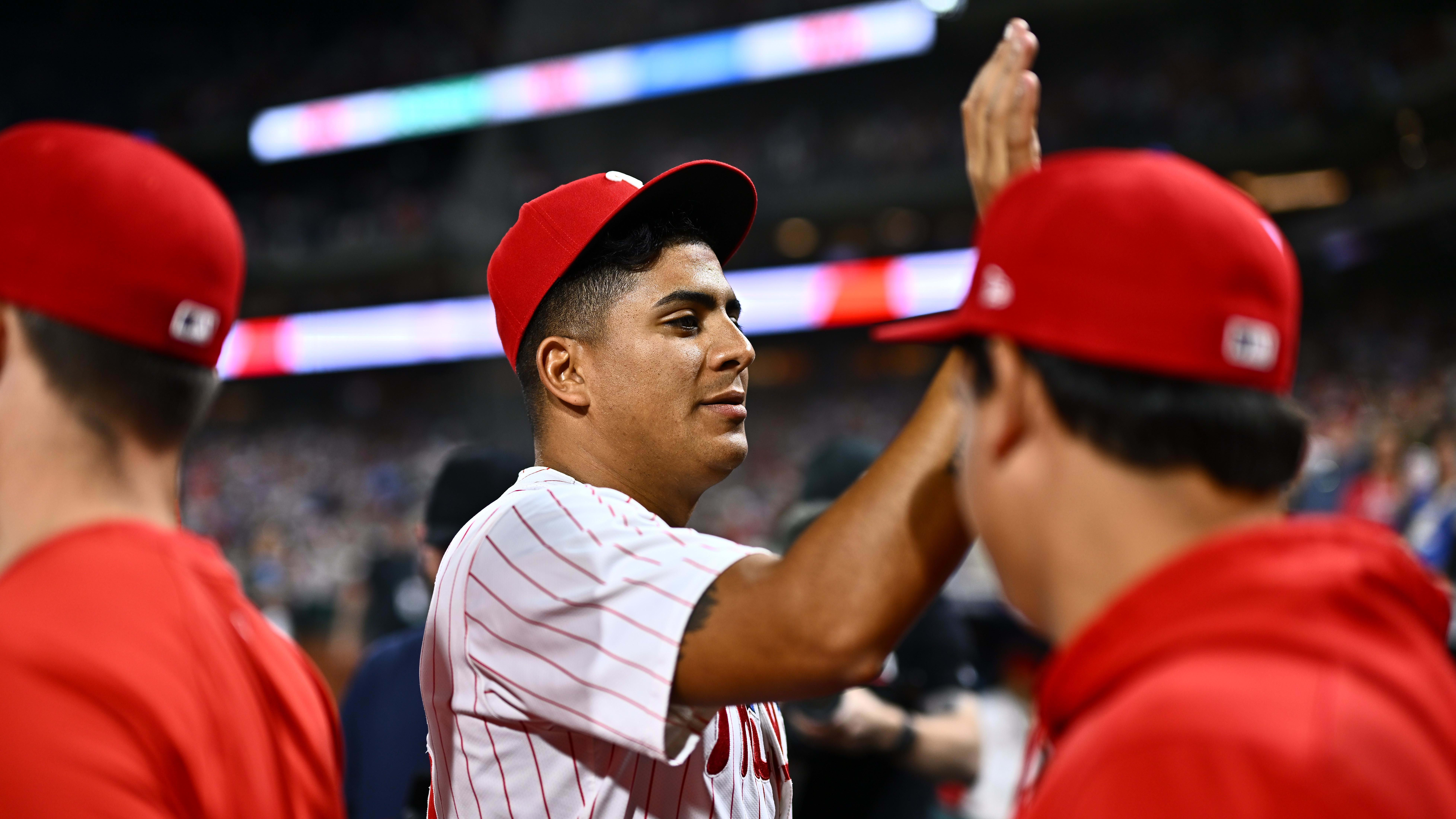 Philadelphia Phillies starting pitcher Ranger Suárez celebrates with teammates after throwing a complete game shutout against the Colorado Rockies on Tuesday night in Citizens Bank Park. 