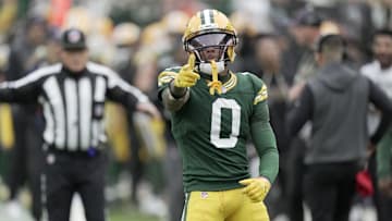 Oct 12, 2025; Green Bay, Wisconsin, USA; Green Bay Packers wide receiver Matthew Golden (0) reacts after a 45-yard reception during the second quarter of their game against the Cincinnati Bengals at Lambeau Field. Mandatory Credit: Mark Hoffman-USA TODAY Network via Imagn Images