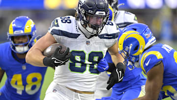 Jan 5, 2025; Inglewood, California, USA; Seattle Seahawks tight end AJ Barner (88) runs the ball against the Los Angeles Rams at SoFi Stadium. Mandatory Credit: Jayne Kamin-Oncea-Imagn Images