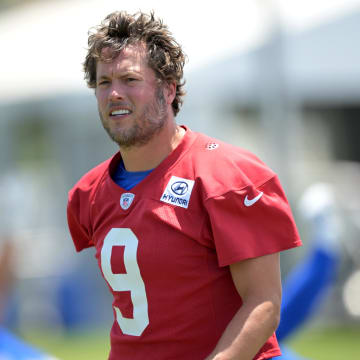 May 28, 2024; Thousand Oaks, CA, USA; Los Angeles Rams quarterback Matthew Stafford (9) during OTAs at California Lutheran University. Mandatory Credit: Jayne Kamin-Oncea-USA TODAY Sports