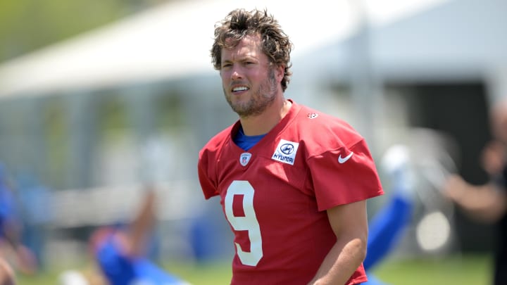 May 28, 2024; Thousand Oaks, CA, USA; Los Angeles Rams quarterback Matthew Stafford (9) during OTAs at California Lutheran University. Mandatory Credit: Jayne Kamin-Oncea-USA TODAY Sports