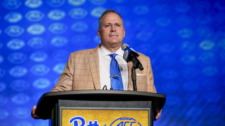 Jul 26, 2023; Charlotte, NC, USA; Pitt head coach Pat Narduzzi answers questions from the media during the ACC 2023 Kickoff at The Westin Charlotte. Mandatory Credit: Jim Dedmon-USA TODAY Sports Jul 26, 2023; Charlotte, NC, USA; Pitt head coach Pat Narduzzi answers questions from the media during the ACC 2023 Kickoff at The Westin Charlotte. Mandatory Credit: Jim Dedmon-USA TODAY Sports