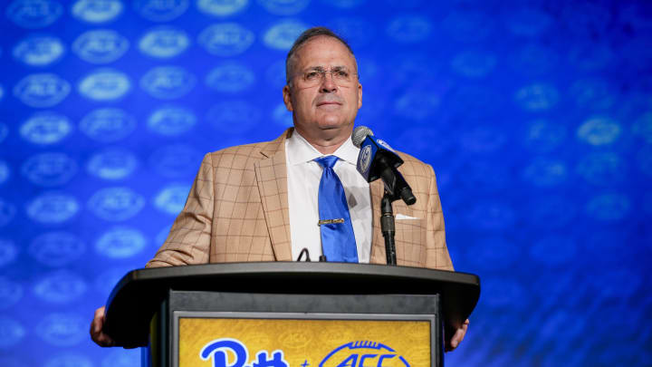 Jul 26, 2023; Charlotte, NC, USA;  Pitt head coach Pat Narduzzi answers questions from the media during the ACC 2023 Kickoff at The Westin Charlotte. Mandatory Credit: Jim Dedmon-USA TODAY Sports
