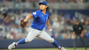 Aug 24, 2024; Miami, Florida, USA;  Chicago Cubs starting pitcher Shota Imanaga (18) pitches against the Miami Marlins in the first inning at loanDepot Park.