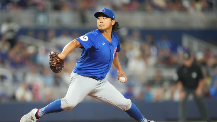 Aug 24, 2024; Miami, Florida, USA;  Chicago Cubs starting pitcher Shota Imanaga (18) pitches against the Miami Marlins in the first inning at loanDepot Park.