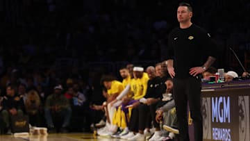 Feb 19, 2025; Los Angeles, California, USA; Los Angeles Lakers head coach JJ Redick during the third quarter against the Charlotte Hornets at Crypto.com Arena. Mandatory Credit: Jason Parkhurst-Imagn Images