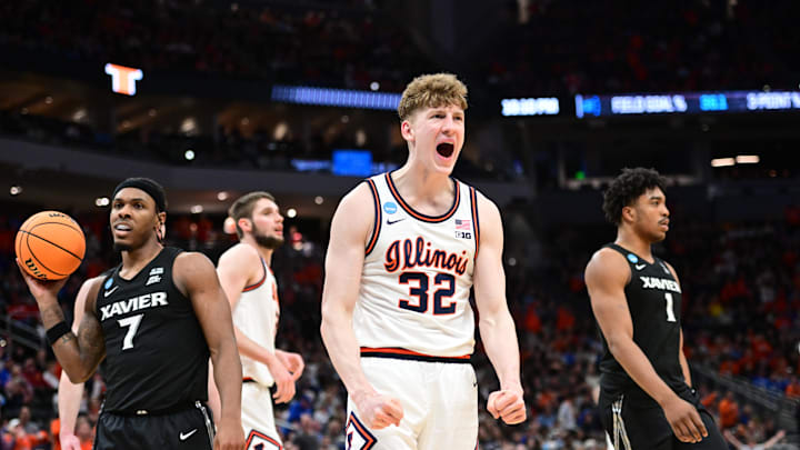 Mar 21, 2025; Milwaukee, WI, USA: Illinois Fighting Illini guard Kasparas Jakucionis (32) reacts during the second half against the Xavier Musketeers at Fiserv Forum. Mandatory Credit: Benny Sieu-Imagn Images Mar 21, 2025; Milwaukee, WI, USA: Illinois Fighting Illini guard Kasparas Jakucionis (32) reacts during the second half against the Xavier Musketeers at Fiserv Forum. Mandatory Credit: Benny Sieu-Imagn Images
