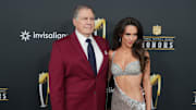 Bill Belichick and Jordon Hudson on the red carpet before Super Bowl LIX NFL Honors at Saenger Theatre. 