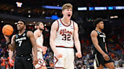 Mar 21, 2025; Milwaukee, WI, USA: Illinois Fighting Illini guard Kasparas Jakucionis (32) reacts during the second half against the Xavier Musketeers at Fiserv Forum. Mandatory Credit: Benny Sieu-Imagn Images
