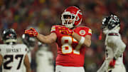 Jan 18, 2025; Kansas City, Missouri, USA; Kansas City Chiefs tight end Travis Kelce (87) reacts after a pass reception against the Houston Texans during the fourth quarter of a 2025 AFC divisional round game at GEHA Field at Arrowhead Stadium. Mandatory Credit: Jay Biggerstaff-Imagn Images