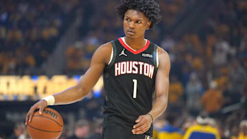 Apr 26, 2025; San Francisco, California, USA; Houston Rockets forward Amen Thompson (1) before game three of first round for the 2024 NBA Playoffs against the Golden State Warriors at Chase Center. Mandatory Credit: Darren Yamashita-Imagn Images