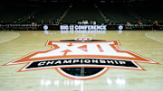 Mar 12, 2024; Kansas City, MO, USA; Big 12 Championship logo at center court prior to the game between the UCF Knights and the Oklahoma State Cowboys at T-Mobile Center. Mandatory Credit: William Purnell-Imagn Images