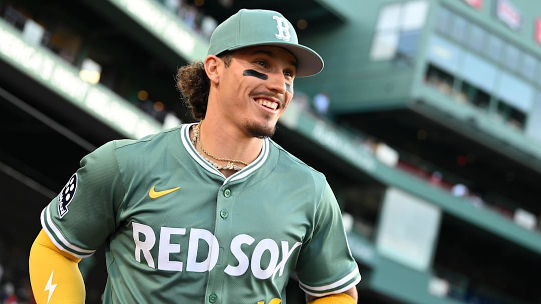 May 16, 2025; Boston, Massachusetts, USA; Boston Red Sox left fielder Jarren Duran (16) runs out of the dugout before the start of a game against the Atlanta Braves at Fenway Park.