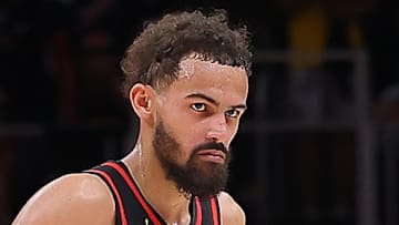 Trae Young #11 of the Atlanta Hawks looks on against the Miami Heat in the Play-In Tournament.