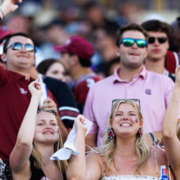 Sep 7, 2024; Lexington, Kentucky, USA; South Carolina Gamecocks fans cheer during the fourth quarter against the Kentucky Wildcats at Kroger Field. Mandatory Credit: Jordan Prather-Imagn Images