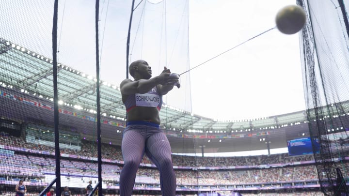 Aug 4, 2024; Paris, FRANCE; Annette Nneka Echikunwoke (USA) in women's hammer throw qualifications during the Paris 2024 Olympic Summer Games at Stade de France. Mandatory Credit: Kirby Lee-USA TODAY Sports