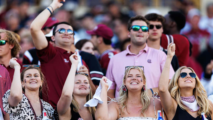 Sep 7, 2024; Lexington, Kentucky, USA; South Carolina Gamecocks fans cheer during the fourth quarter against the Kentucky Wildcats at Kroger Field. Mandatory Credit: Jordan Prather-Imagn Images