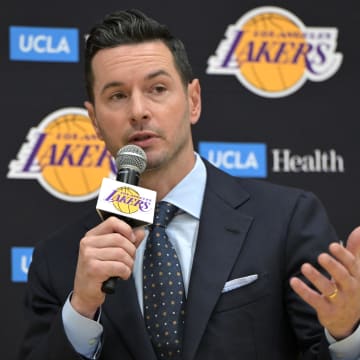 Jun 24, 2024; El Segundo, CA, USA;  The Los Angeles Lakers head coach JJ Redick speaks to the media during an introductory news conference at the UCLA Health Training Center. Mandatory Credit: Jayne Kamin-Oncea-USA TODAY Sports