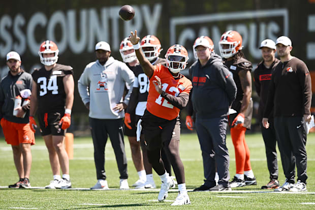 May 9, 2025; Berea, OH, USA; Cleveland Browns quarterback Shedeur Sanders (12) throws a pass during rookie minicamp at CrossC