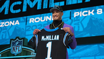 Apr 24, 2025; Green Bay, WI, USA; Arizona Wildcats wide receiver Tetairoa McMillan is selected by the Carolina Panthers as the number eight pick  in the first round of the 2025 NFL Draft at Lambeau Field. Mandatory Credit: Kirby Lee-Imagn Images