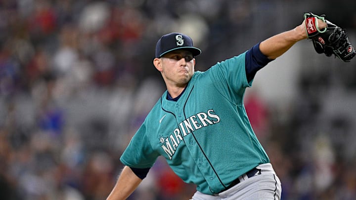 Seattle Mariners starting pitcher Chris Flexen (77) in action during the game between the Texas Rangers and the Seattle Mariners at Globe Life Field in June of 2023.