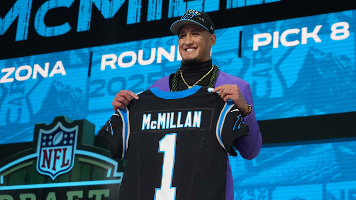 Arizona Wildcats wide receiver Tetairoa McMillan is selected by the Carolina Panthers as the number eight pick in the first round of the 2025 NFL Draft at Lambeau Field. Arizona Wildcats wide receiver Tetairoa McMillan is selected by the Carolina Panthers as the number eight pick in the first round of the 2025 NFL Draft at Lambeau Field.