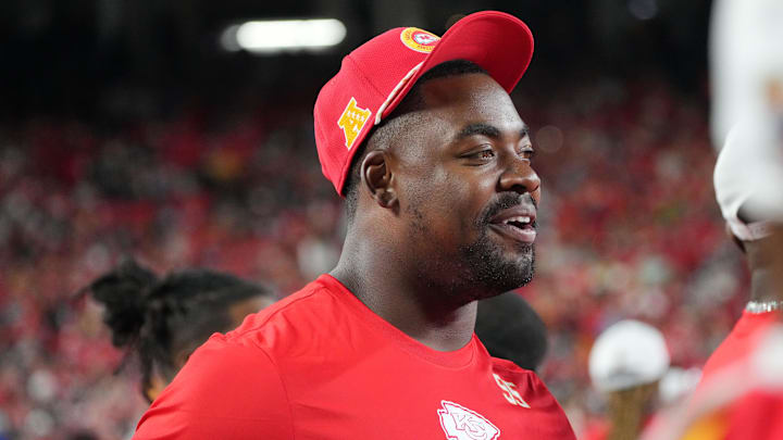 Kansas City Chiefs defensive tackle Chris Jones (95) on the sidelines against the Chicago Bears during the game at GEHA Field at Arrowhead Stadium.