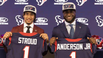 Apr 28, 2023; Houston, TX, USA; From left to right, Houston Texans quarterback CJ Stroud (left),