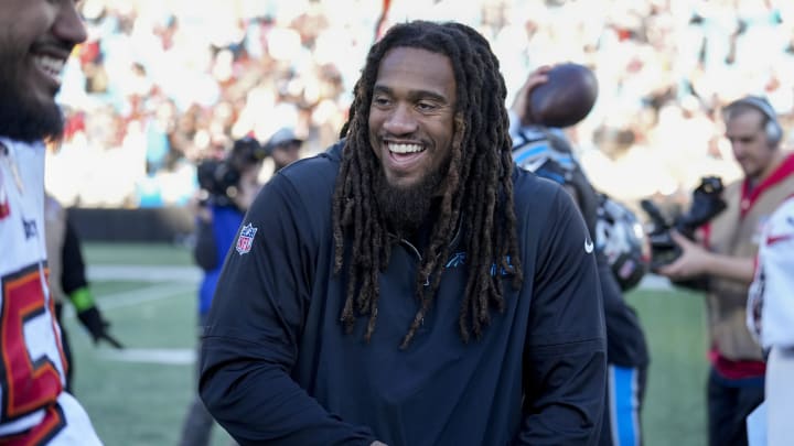 Jan 7, 2024; Charlotte, North Carolina, USA; Carolina Panthers linebacker Shaq Thompson (7) after the second half against the Tampa Bay Buccaneers at Bank of America Stadium.