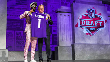 Apr 27, 2023; Kansas City, MO, USA; USC wide receiver Jordan Addison with NFL commissioner Roger Goodell after being selected by the Minnesota Vikings twenty third overall in the first round of the 2023 NFL Draft at Union Station. Mandatory Credit: Kirby Lee-Imagn Images